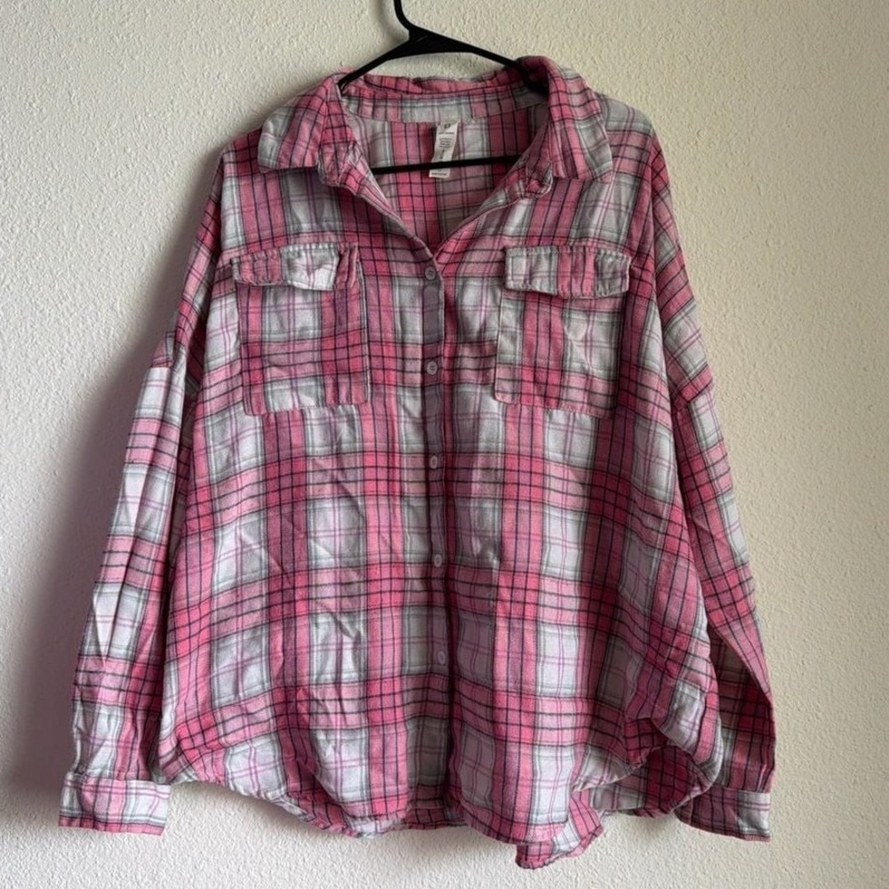 B Pink Grey Plaid Flannel Button Down Shirt Womens XL Long Sleeve Checkered Top